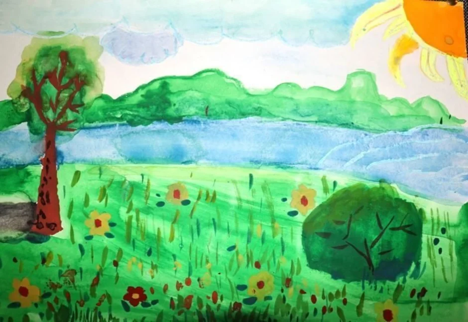 Рисунок природа в садике. Летний пейзаж для детей. Рисование на тему лето. Природа рисунок. Рисунок на тему пейзаж.
