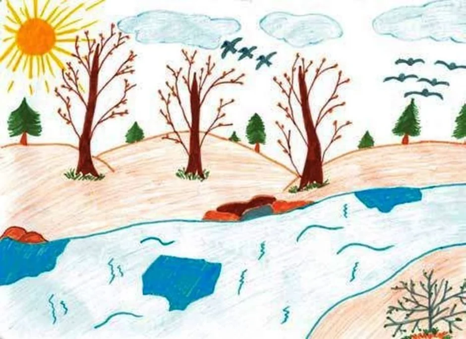 Нарисуй картинку про весну средняя группа. Весенний пейзаж для дошкольников. Рисование весеннего пейзажа.