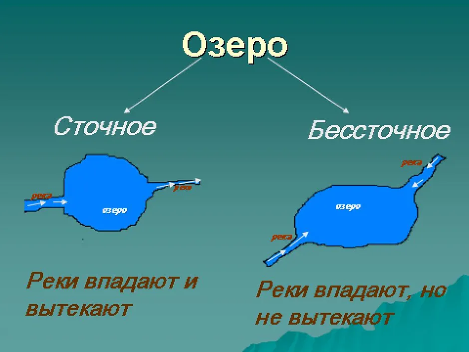 В тетради нарисуйте два озера сточное и бессточное