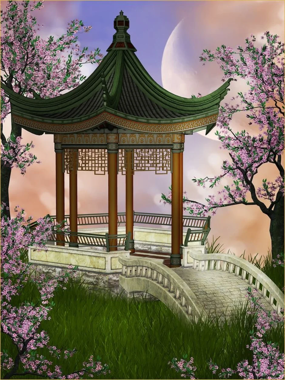Беседка луна. Японская живопись -Китай Сакура сад. Беседка Китай Сакура. Беседка в японском стиле. Сад в японском стиле.