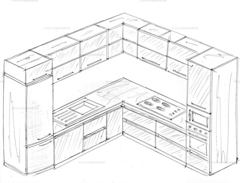Как нарисовать угловую кухню. Эскиз кухни угловой. Зарисовка угловой кухни. Эскиз угловой кухни карандашом. Нарисовать проект кухни.