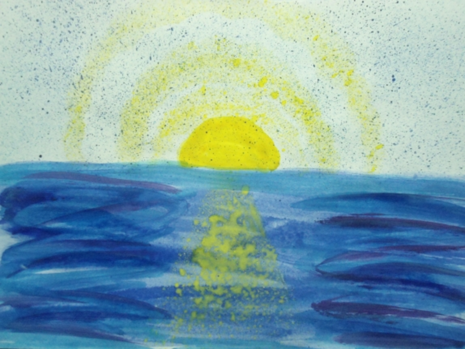Заря алая разливается рисование в подготовительной. Море красками для детей. Солнечная живопись для детей. Солнце красками детский. Рисование моря для детей.