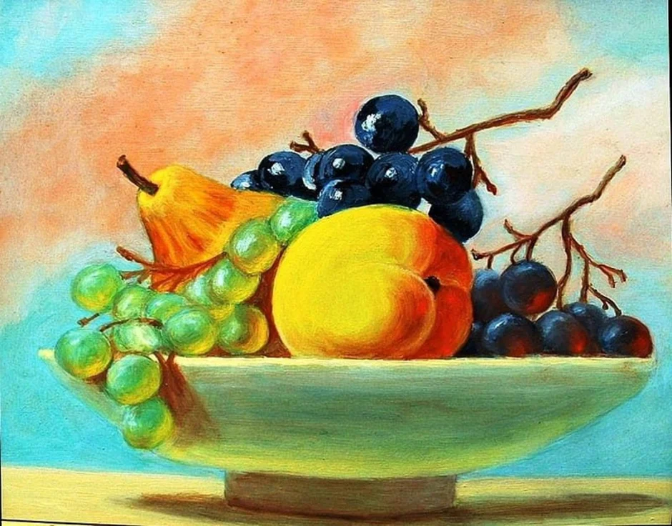 В вазе лежат 4 разных фрукта. Художник Roy Hodrien. Натюрморт с фруктами для детей. Натюрморт для дошкольников.