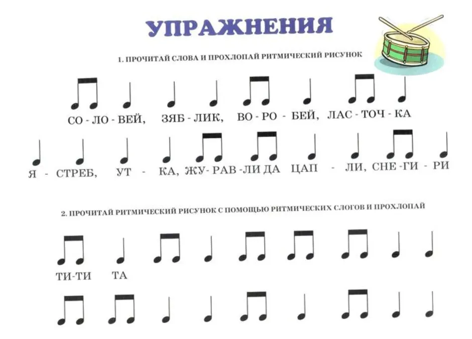 Распределите названия животных и птиц по колонкам с подходящим для них ритмическим рисунком ответ