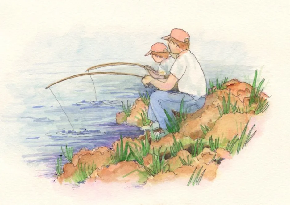 Сын ловит рыбу. Рисунок на тему рыбалка. Рыбалка рисунок для детей. Рисунки на тему рыбалка для детей. Рыбак рисунок.