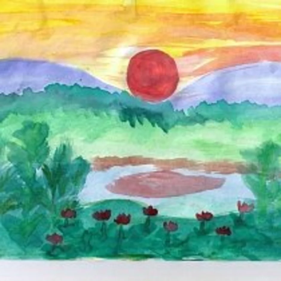 Заря алая разливается рисование в подготовительной. Рассвет детский рисунок. Григ утро рисунок. Восход солнца рисунок детский.