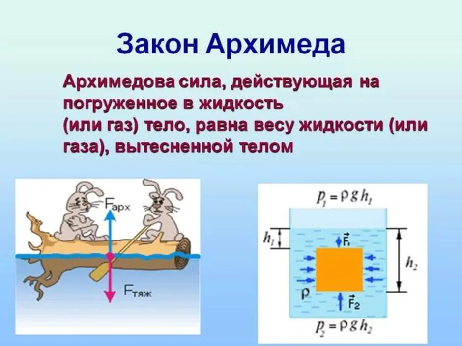 Выталкивающая сила не изменяется при. Физика 7 класс Выталкивающая сила закон Архимеда. Закон Архимеда вес тела в жидкости. Сила Архимеда и сила тяжести физика 7 класс. Выталкивающая сила физика 7 класс формула.