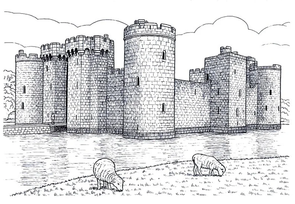Средневековый замок 4 класс. Замок Бодиам в Англии рисунок. Романские замки средневековья. Замок гудрич Англия XIV XV ВВ реконструкция. Рисование замка крепости.