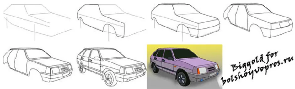Как нарисовать машину ваз 2114 поэтапно карандашом