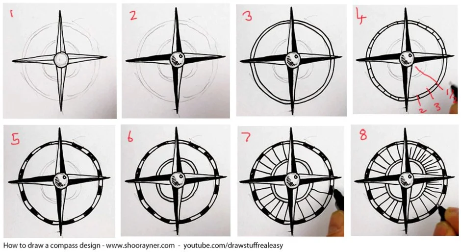 Роза ветров нарисовать поэтапно