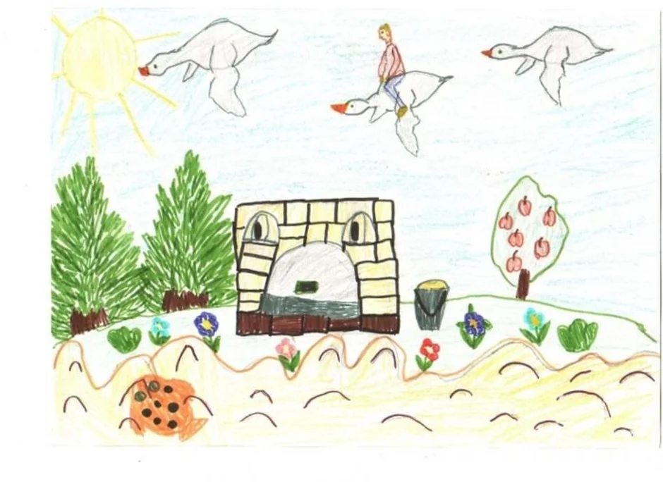 Гуси лебеди рисунок для детей 1 класса. Гуси лебеди рисунок. Рисунок сказки. Детские рисунки к сказке гуси лебеди. Рисование сказки гуси лебеди.