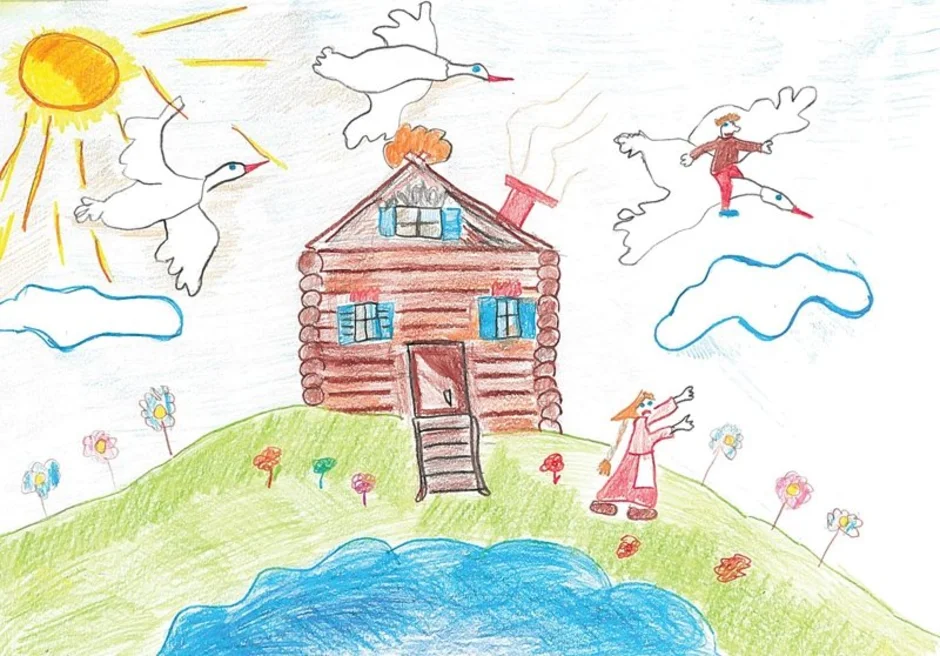 Гуси лебеди рисунок для детей 1 класса. Рисунок сказки. Гуси лебеди рисунок. Рисование сказки гуси лебеди. Детские рисунки к сказкам.