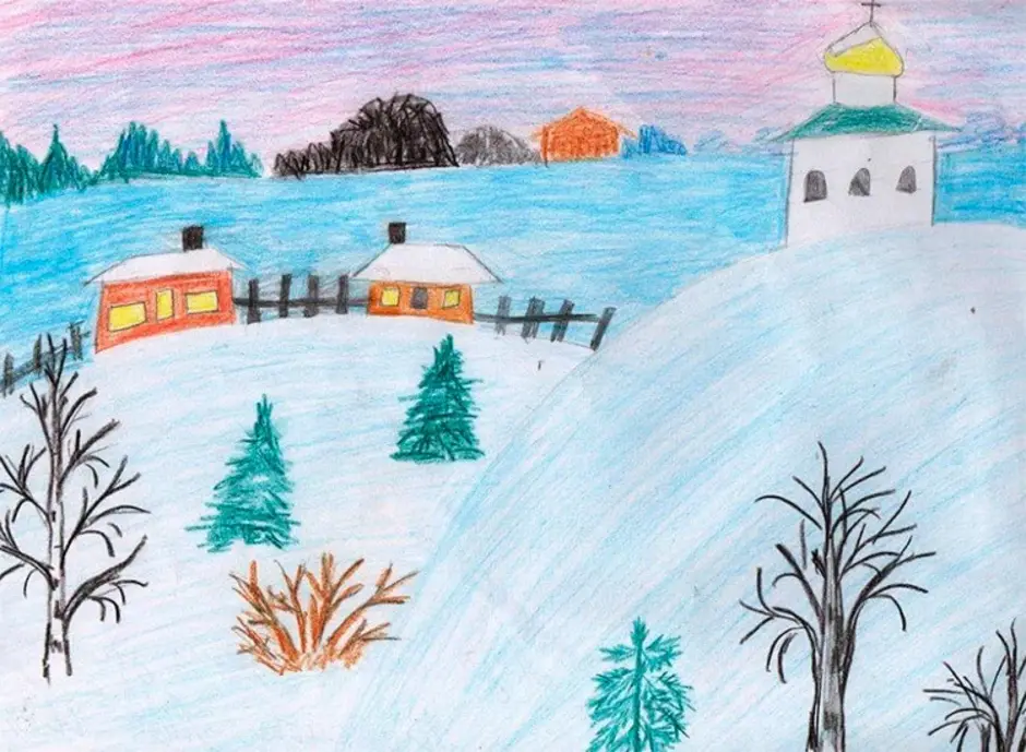 Зимние картинки легко. Зимние рисунки. Рисунок на тему зима. Зимний пейзаж рисунок. Зимний пейзаж детский.