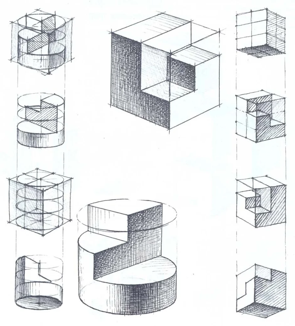 Cube method. Объемная архитектурная композиция. Объемно пространственное изображение. Куб черчение. Фигура в разрезе.