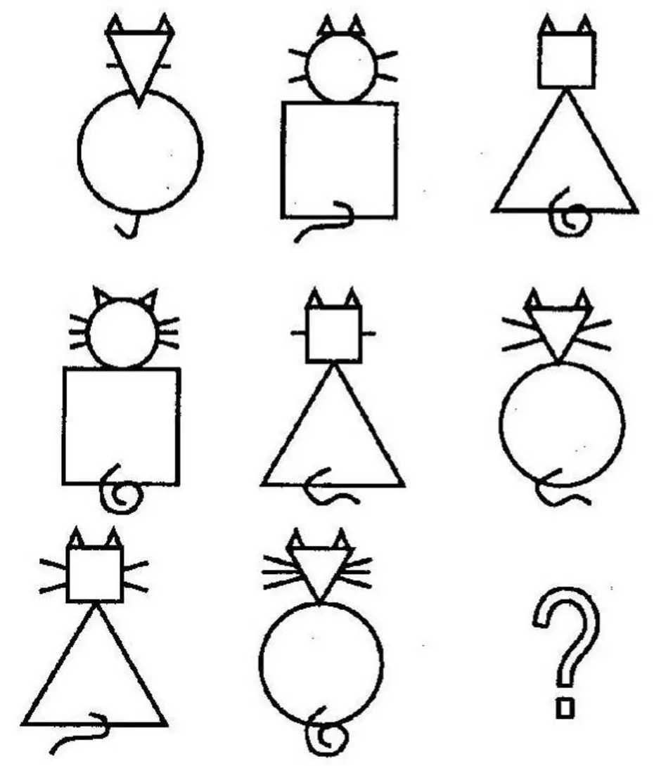 Девять предметов. Задачи на закономерности для дошкольников. Игровое упражнение закончи ряд с изображением кошек. Фигуры для дошкольников. Фигуры в фигурах для дошкольников.