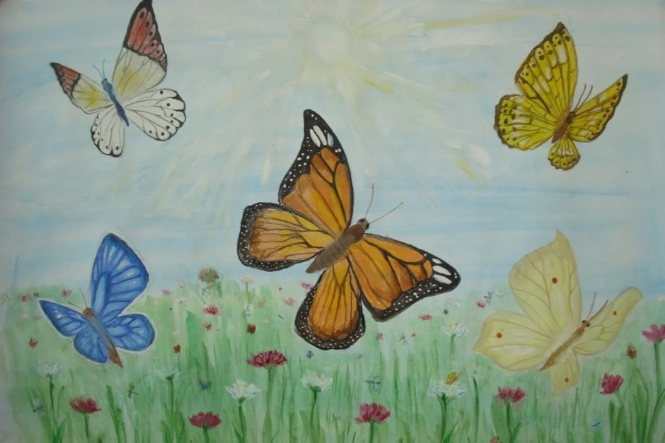 Нарисовать рисунок на лугу. Рисование бабочки летают над лугом. Бабочка рисунок. Рисование бабочки на лугу. Рисунок на тему лето.