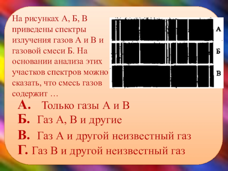 На рисунке а б в приведены спектры излучения газов а и в и газовой смеси