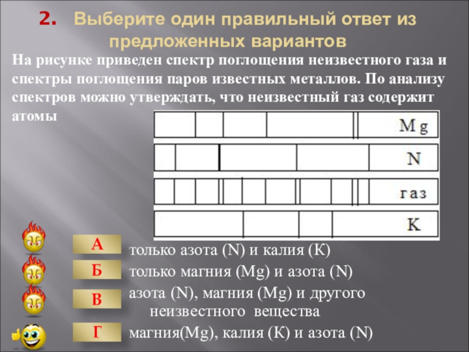 На рисунке приведены спектр излучения неизвестного газа в середине спектры излучения атомов водорода