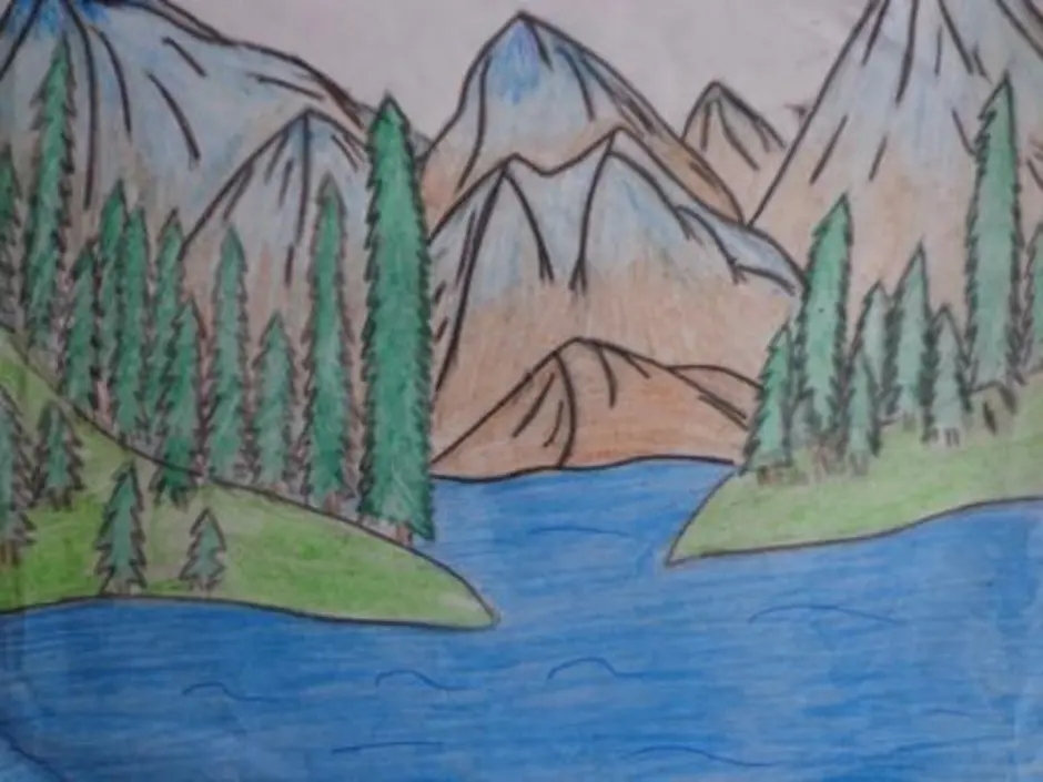 Рисунок красота гор окружающий мир. Озеро рисунок. Озеро Байкал рисунок. Озеро Байкал ь рисунок. Детские рисунки на тему горы.