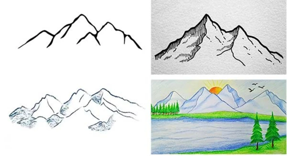 Тема произведения легкие горы. Горы рисунок. Горы карандашом. Горы для срисовки легкое. Горы рисунок для срисовки легко.