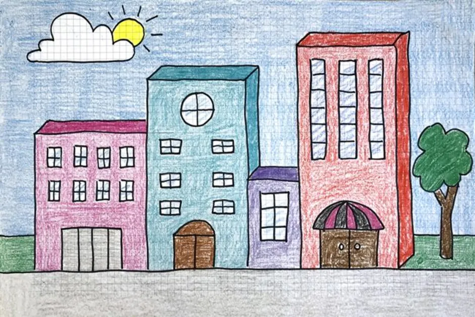 Дом школьников 4. Здания для рисования. Рисование городских домов для детей. Дом для рисования. Город рисунок для детей.