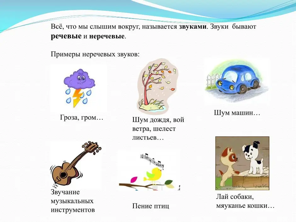 Звуковой конспект. Речевые и неречевые звуки. Музыкальные звуки. Шумовые звуки примеры. Различение речевых и музыкальных звуков..