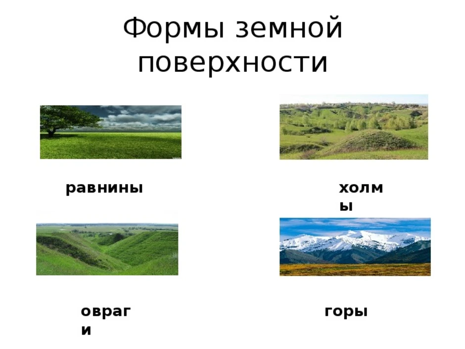 Виды земной поверхности. Равнина,горы, холмы,овраги это 2 класс. Формы поверхности суши: равнины, холмы, овраги.. Что такое равнины горы холмы овраги 2 класс окружающий мир. Горы холмы равнины 2 класс.