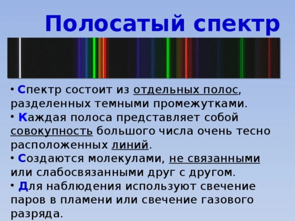 В каком случае спектр испускания тела сплошной. Линейчатый спектр полосатый спектр. Линейчатые спектры излучения. Линейчатый спектр излучения. Полосатый спектр и спектр поглощения.