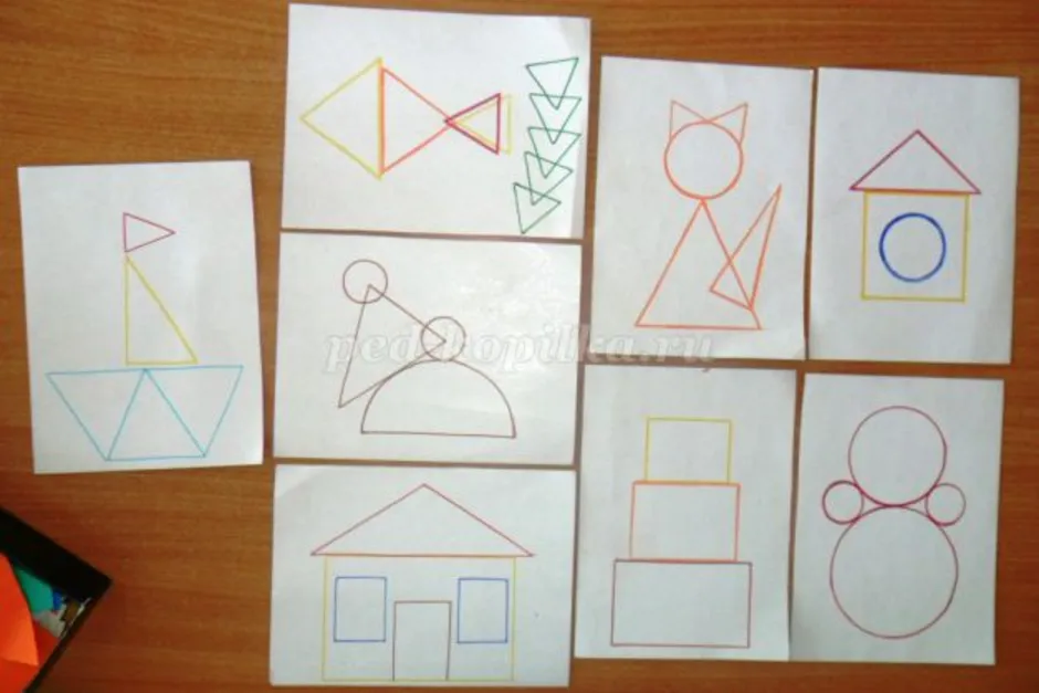 Игра фигуры подготовительная группа. Геометрические фигуры для рисования. Предметы из геометрических фигур. Геометрические фигуры для средней группы детского сада. Рисование из геометрических фигур в средней группе.