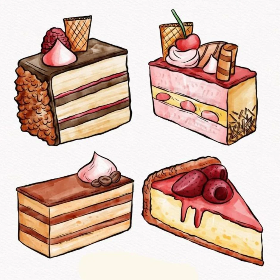 Торт разрезанный рисунок. Рисунки еды. Нарисовать сладости. Кусочек торта рисунок акварель. Сладости для рисования.