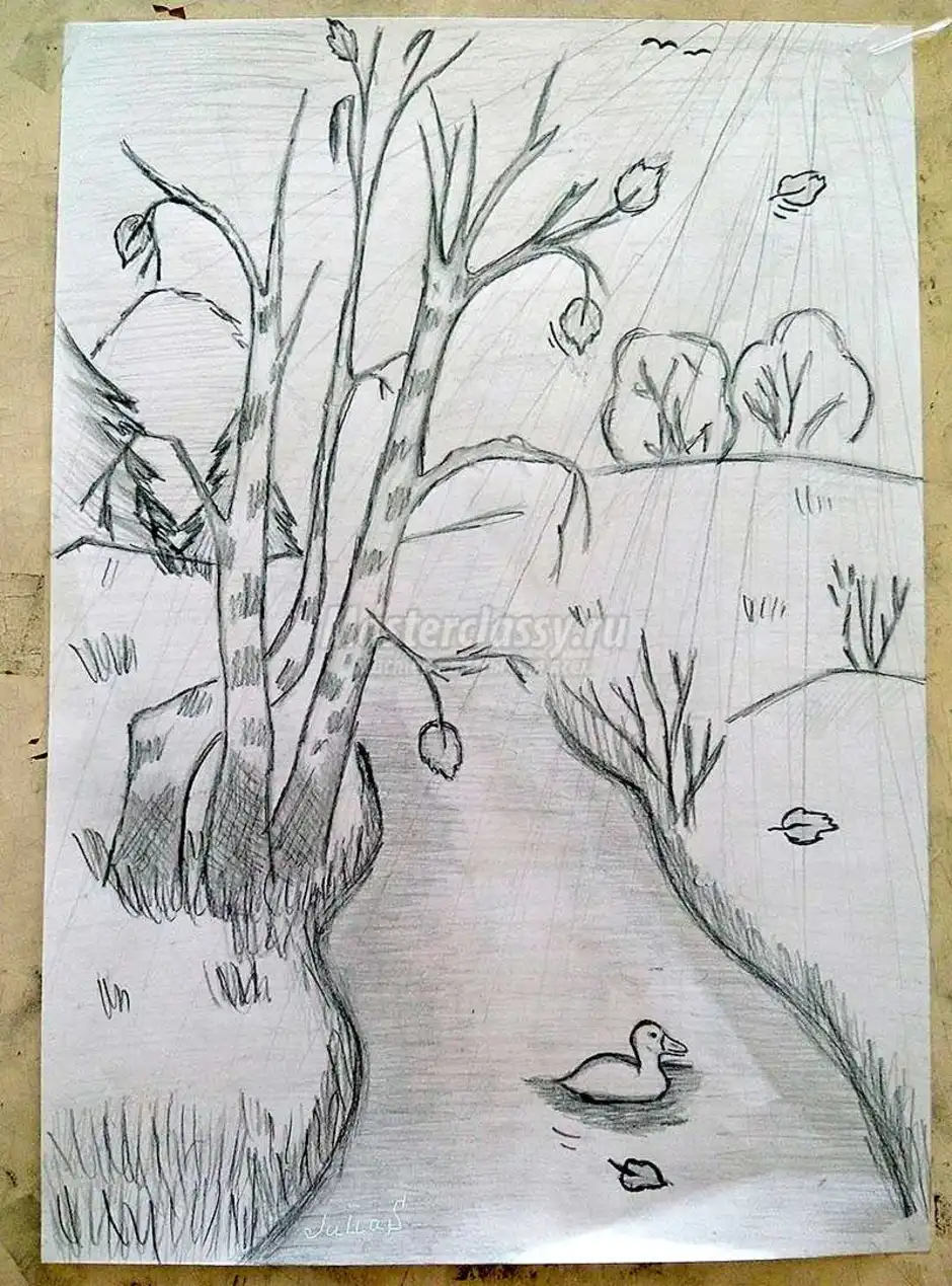 Изо 9 класс рисунки. Рисунок осень карандашом. Пейзаж рисунок карандашом. Осенний пейзаж карандашом.