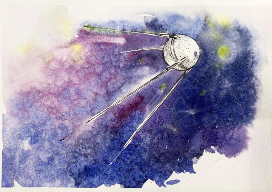 Рисунок первого спутника. Космос иллюстрация. Космос акварелью. Космический Спутник рисунок. Рисование космос.