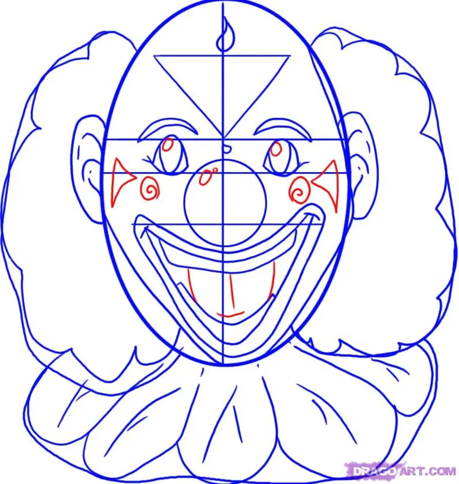 Клоун схема. Клоун пошаговое рисование. Клоун рисунок. Лицо клоуна карандашом. Клоун поэтапное рисование для детей.
