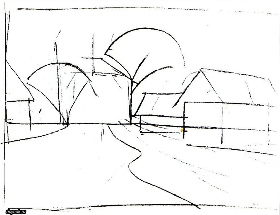 Деревенский пейзаж рисунок 6 класс карандашом
