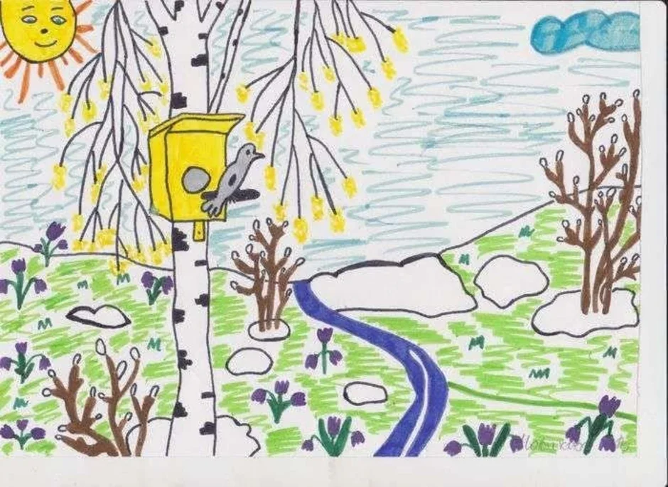 Рисунок на тему весне дорогу. Рисунок на весеннюю тему. Детские весенние рисунки.