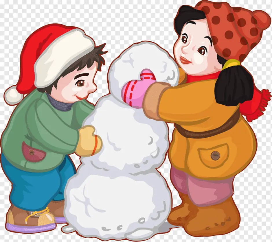 Малыши снежки. Дети лепят снеговика. Зимние забавы на прозрачном фоне. Мальчик и девочка лепят снеговика. Дети лепят снеговика на белом фоне.