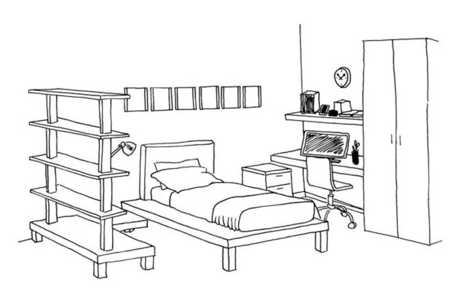 Рисунок детской комнаты с мебелью карандашом