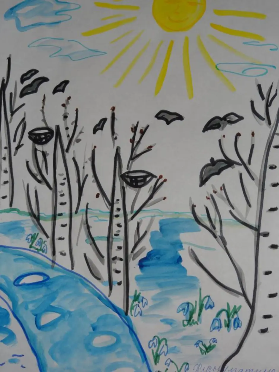 4 класс приход весны. Рисунок на весеннюю тему. Весенний пейзаж детский.