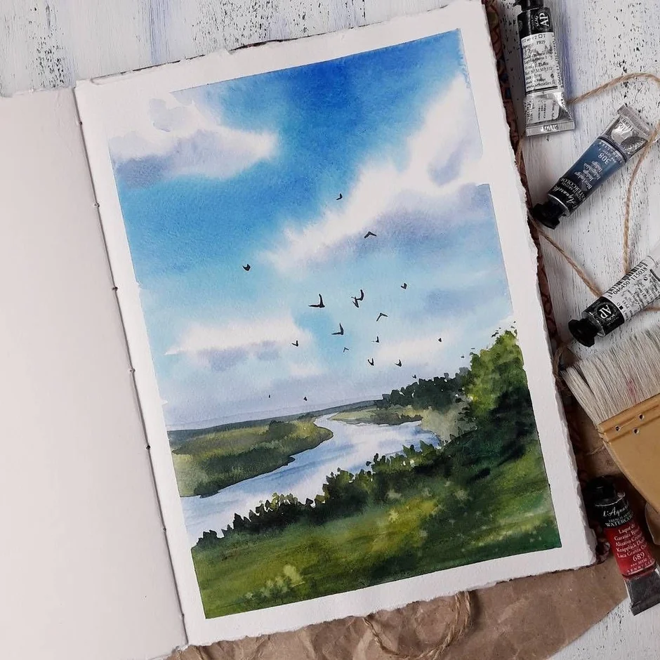 Пейзаж акварелью легкий