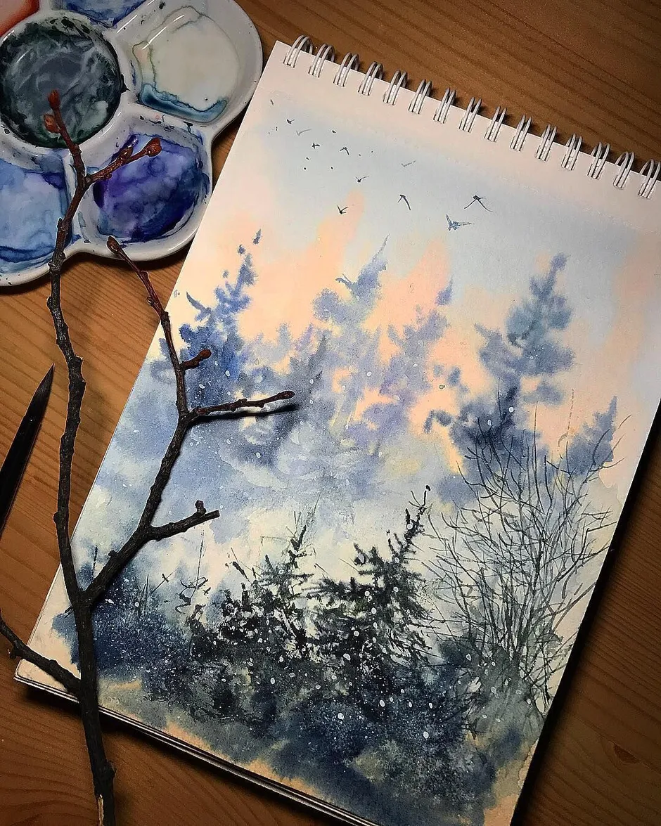 Пейзаж акварелью легкий
