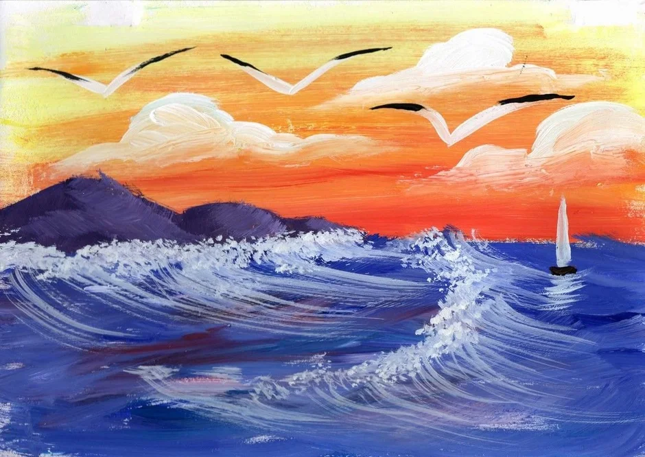 Рисование пейзаж океана